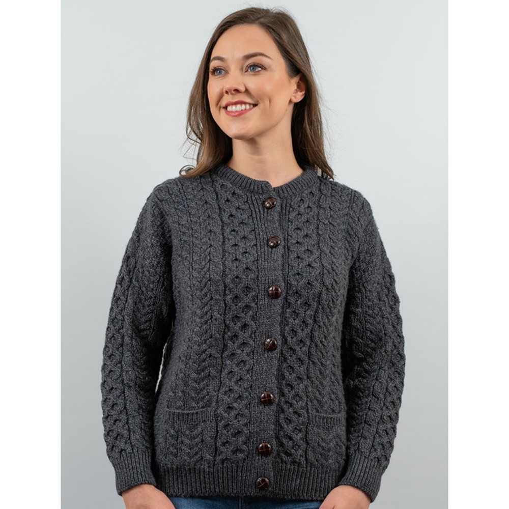 Women's Aran Cable Knit Irish Wool Sweater/Cardigan Size Medium Grey